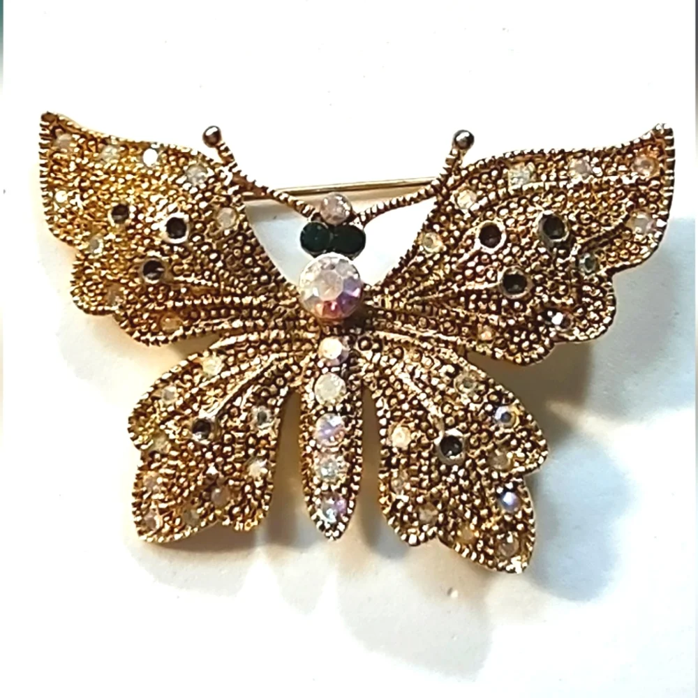 Emerald Green & AB Jeweled Gold Butterfly Brooch